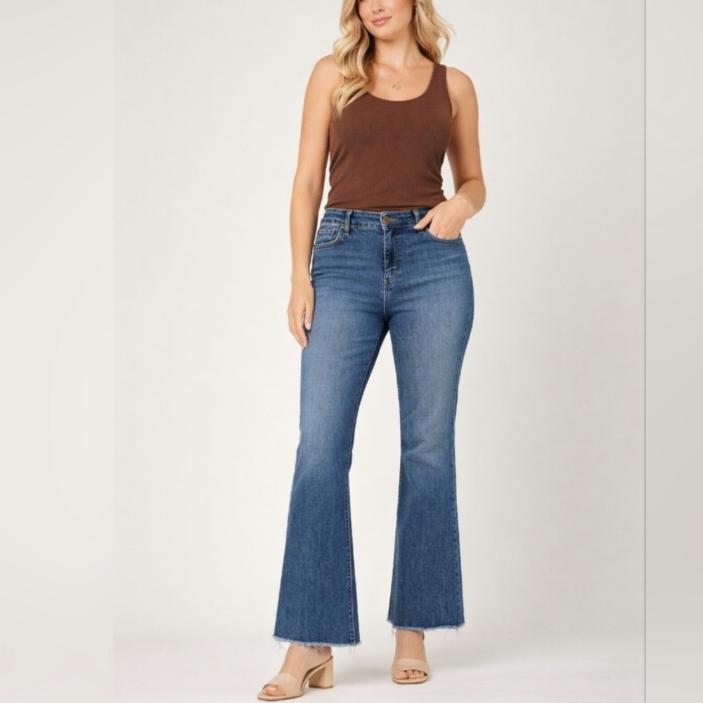 KUT From the Kloth Stella Fab Ab Flare Jeans Raw Hem Medium Wash Denim Size 10